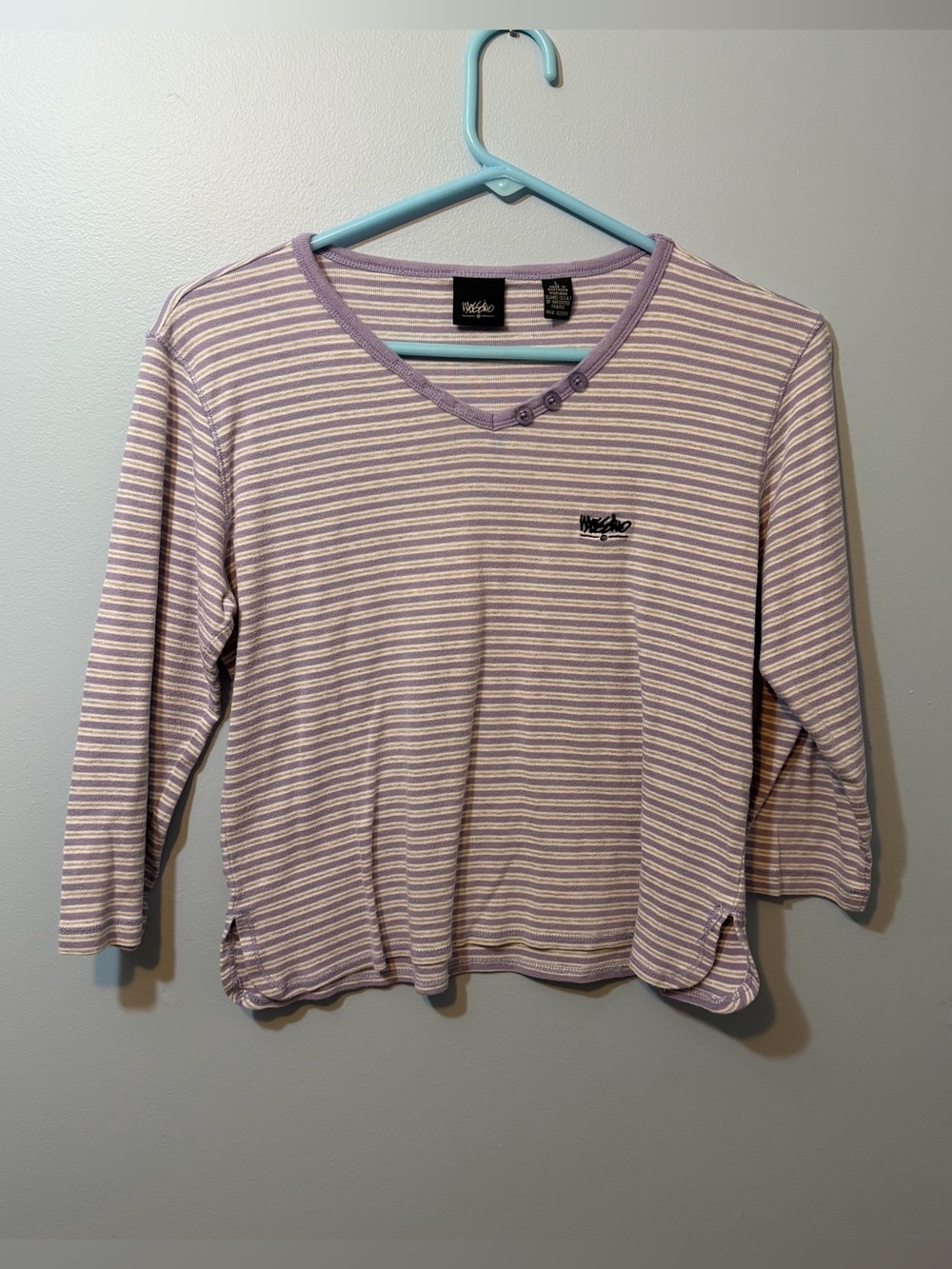 Mossimo Supply Co. Lavender and White Striped V-Neck Button Top